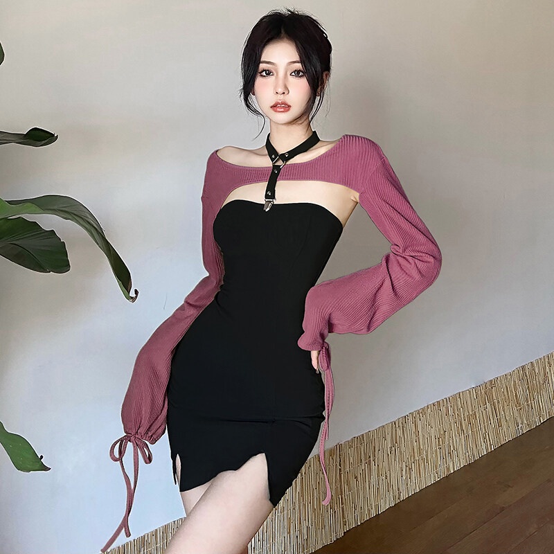 Set Đầm KLIOU hai dây dáng ôm + Áo khoác tay dài phong cách quyến rũ mùa hè 2022 cho nữ