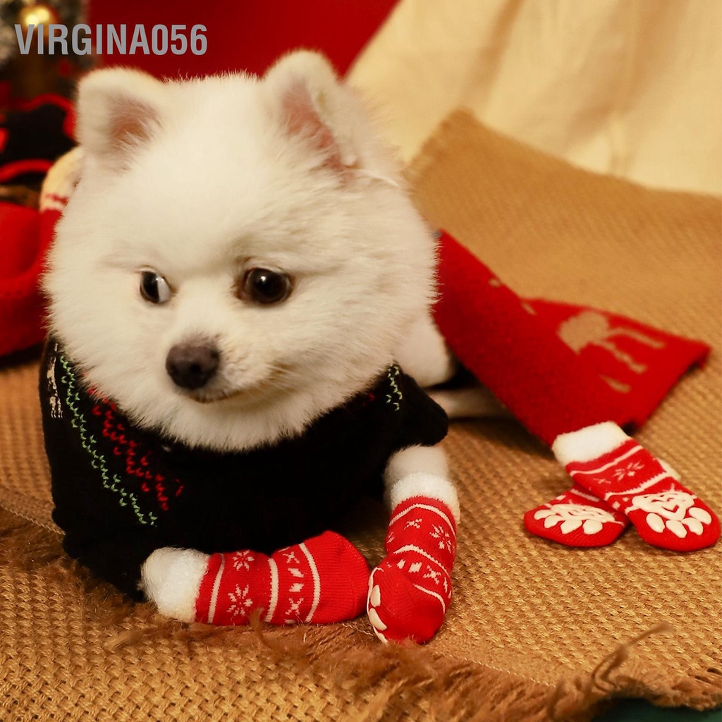Virgina056 4 CÁI Vớ Giáng Sinh Cún Con Chống Trượt Ấm Áp Mềm Mại Màu Đỏ Dễ Thương Bảo Vệ Chân Thú Cưng cho Chó Mèo