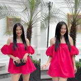 Áo trễ vai tay bồng- đầm babydoll nữ hở vai dáng xòe màu HỒNG chất thô mềm phong cách ulzzang hàn quốc
