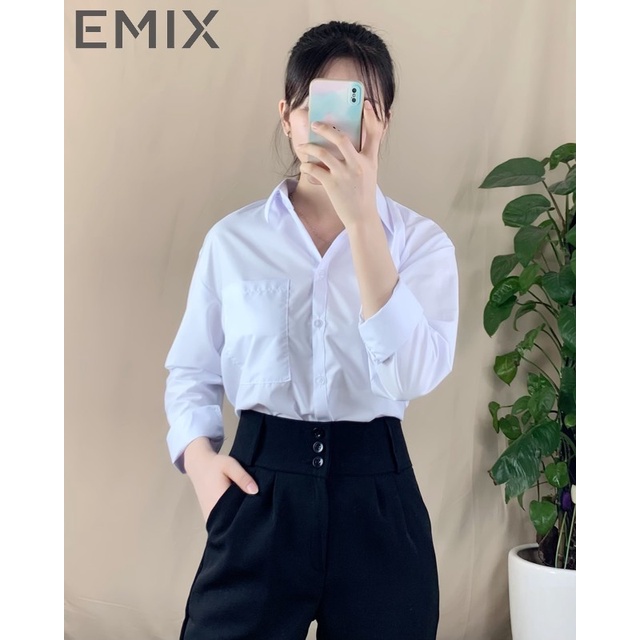 Áo sơ mi nữ basic EMIX (màu trắng xanh), dáng dài, cơ bản, dài tay, form rộng, vải lụa thô mềm nhẹ, KHÔNG LỘ