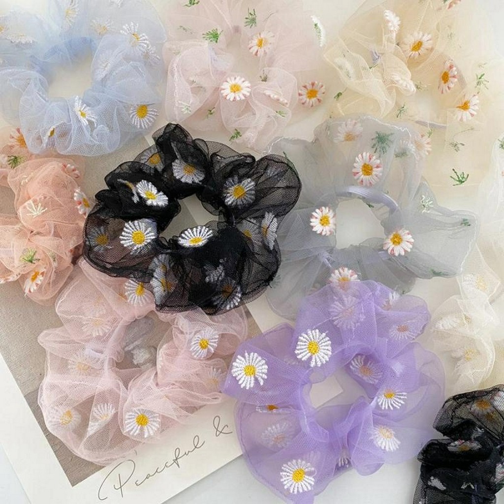 Dây buộc tóc vải srcunchies họa tiết hoa cúc phong cách Hàn Quốc cho nữ T026