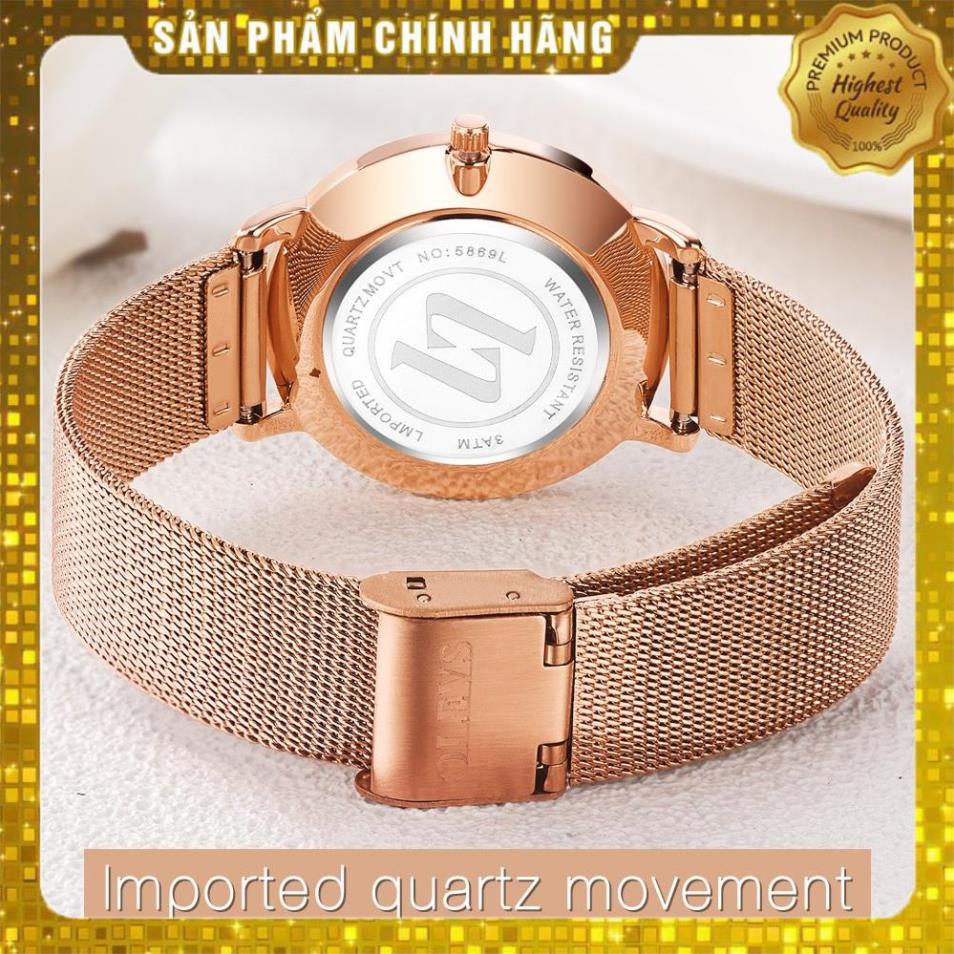 Đồng hồ đeo tay OLEVS 5869 dây đeo thép lưới siêu mỏng có lịch chống vô nước màu vàng hồng thời trang cho nữ