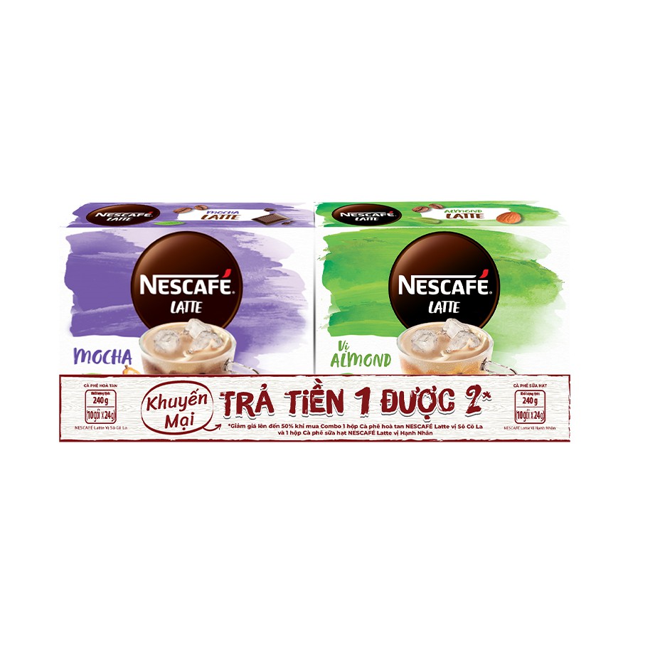 Combo Nescafé Latte vị hạnh nhân &amp; cà phê hòa tan Nescafé Latte vị sô cô la (Hộp 10 gói x 24g)