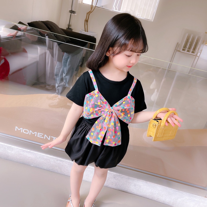 Set Áo Thun Thắt Nơ Phối Chân Váy Đen Hồng Thời Trang Cho Bé Gái