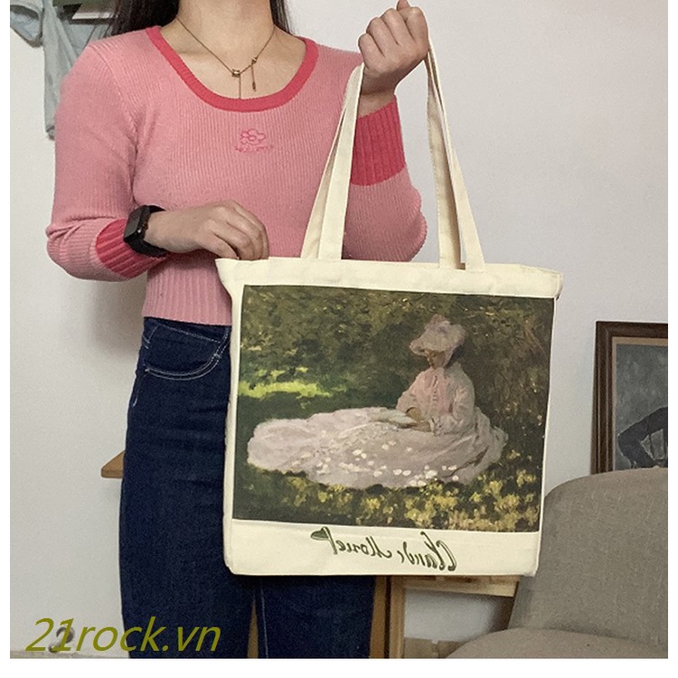Túi Xách Canvas Cỡ Lớn Họa Tiết Tranh Sơn Dầu Phong Cách Retro Châu Âu 2022