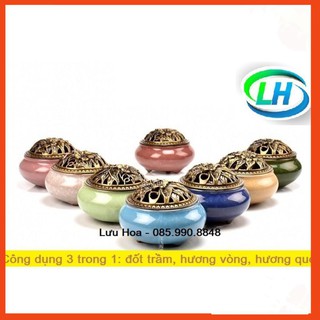 Lư xông trầm hương đỉnh đốt nhang men rạn ngọc cao cấp có khay đốt trầm bằng bông - Rẻ, bền, đẹp