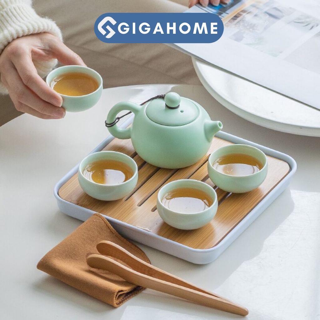 Bộ Ấm Pha Trà Gốm Sứ 4 Chén Du Lịch Tráng Men GIGAHOME Cao Cấp Kèm Khay, Kẹp, Túi Đựng 9984