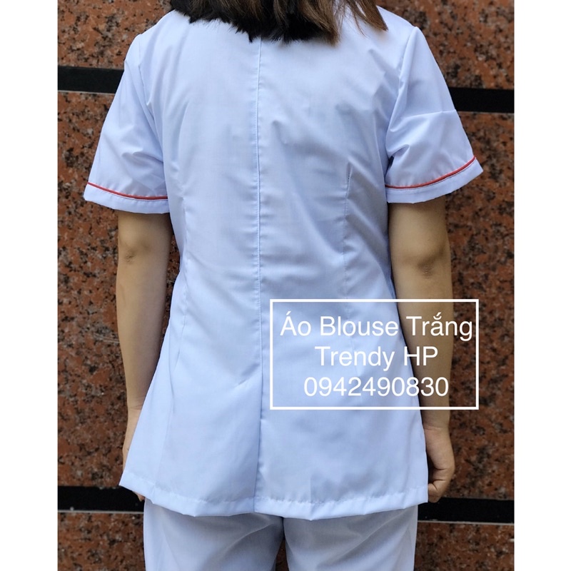 Bộ Áo blouse trắng cộc tay dáng ngắn viền đỏ cho điều dưỡng, y tá, dược sỹ, thảm mỹ viện, spa