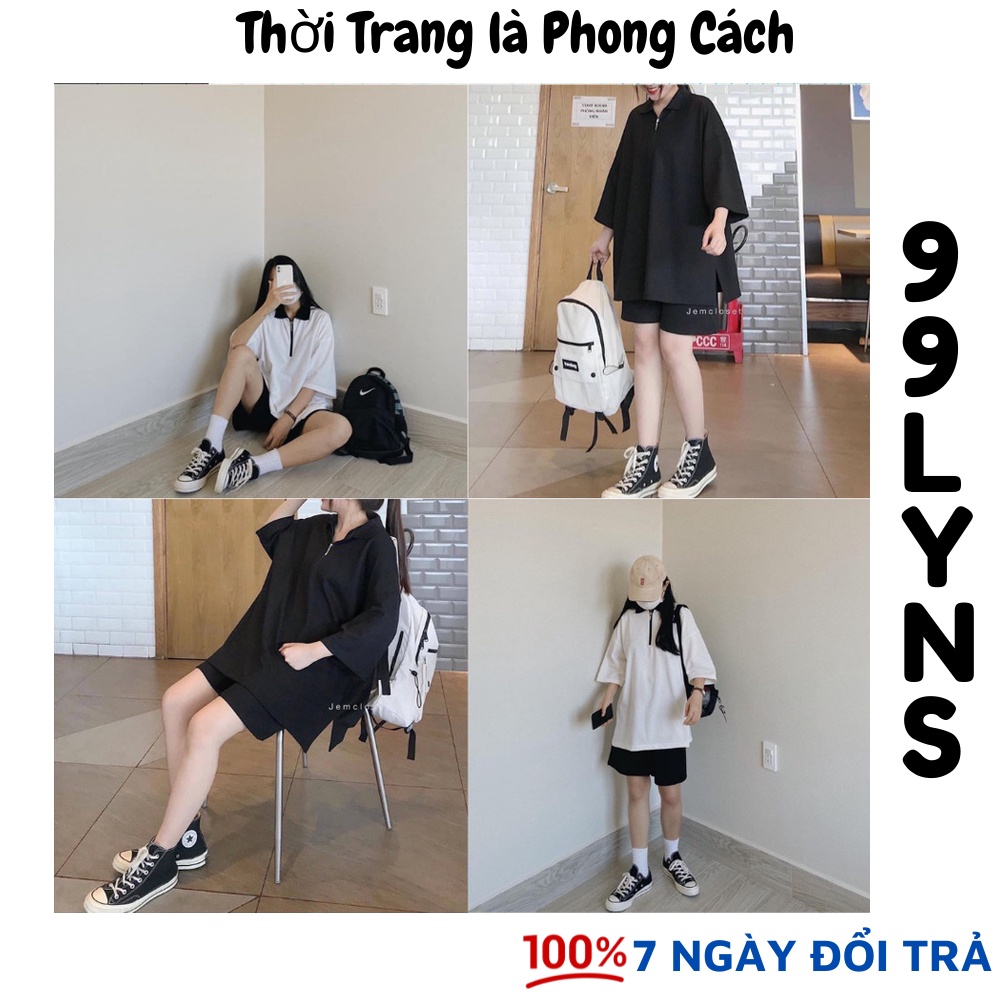 Set áo polo khoá và quần short đen [Video Thật]