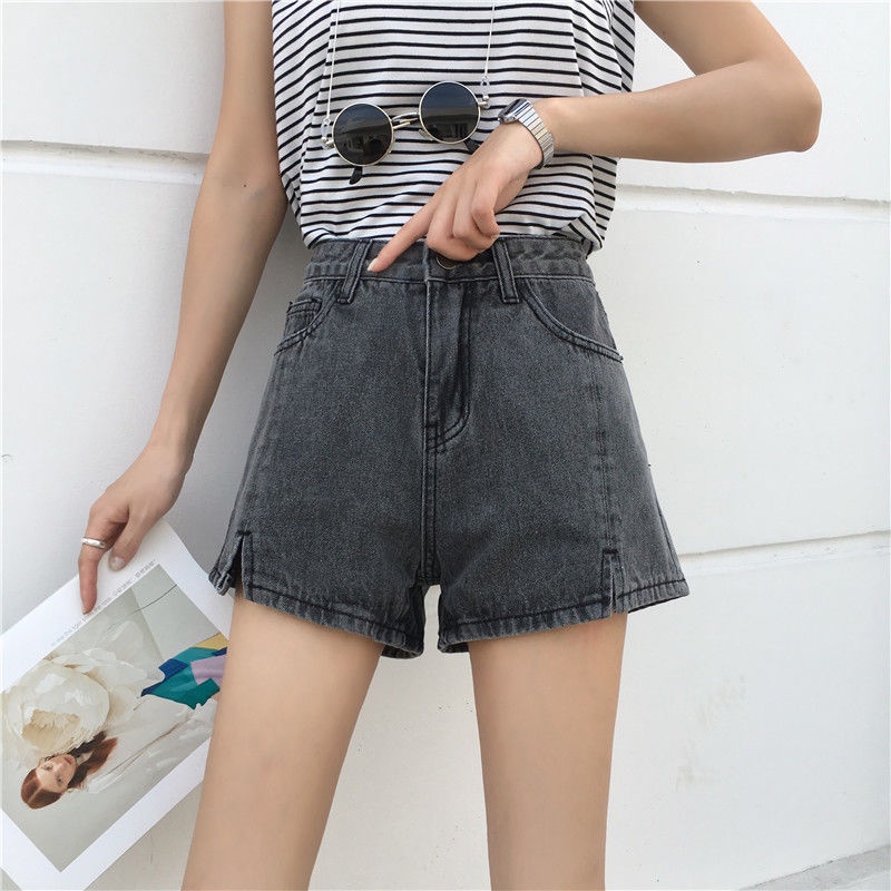 Quần Short Denim Lưng Cao Ống Rộng Màu Đen Thời Trang Mùa Hè Phong Cách Hàn Quốc Cho Nữ