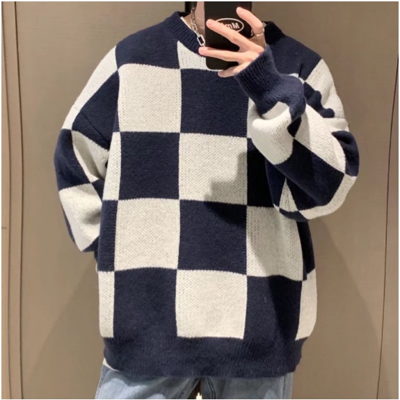 Áo Sweater Cổ Tròn Dáng Rộng Họa Tiết Sọc Caro Thời Trang Cho Nam simple áo thun nam tay dài Hàn Quốc áo thun nam đẹp dài tay fashion áo thun tay lỡ form rộng