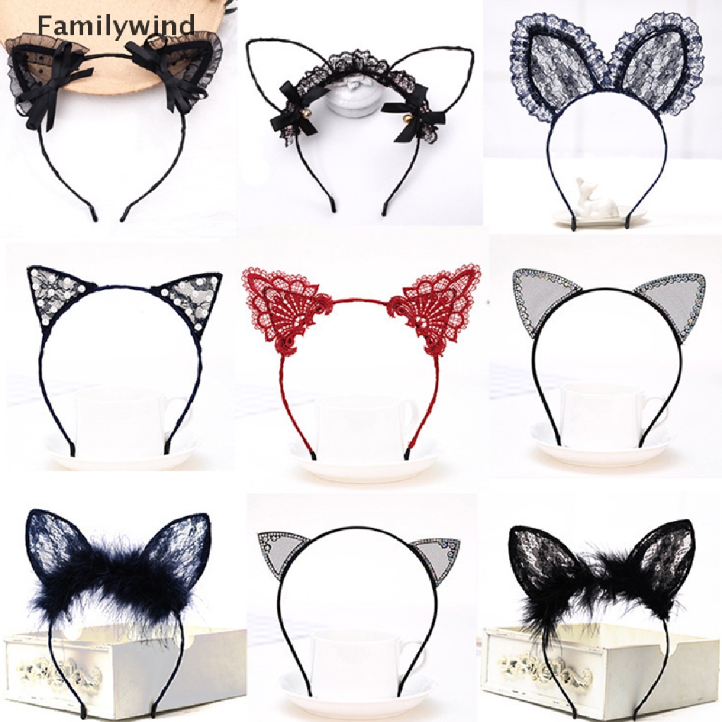 Băng Đô Cài Tóc Hình Tai Mèo Bằng Ren Ruy Băng Thắt Nơ Màu Trơn Dễ Thương Cho Nữ