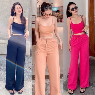 Set áo thun croptop 2 dây + quần dài ống suông