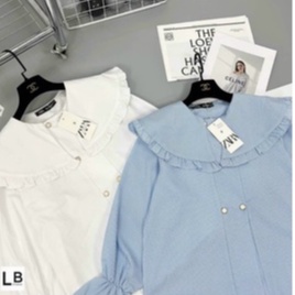 Áo sơ mi cổ viền bèo khuy ngọc 2 màu hot