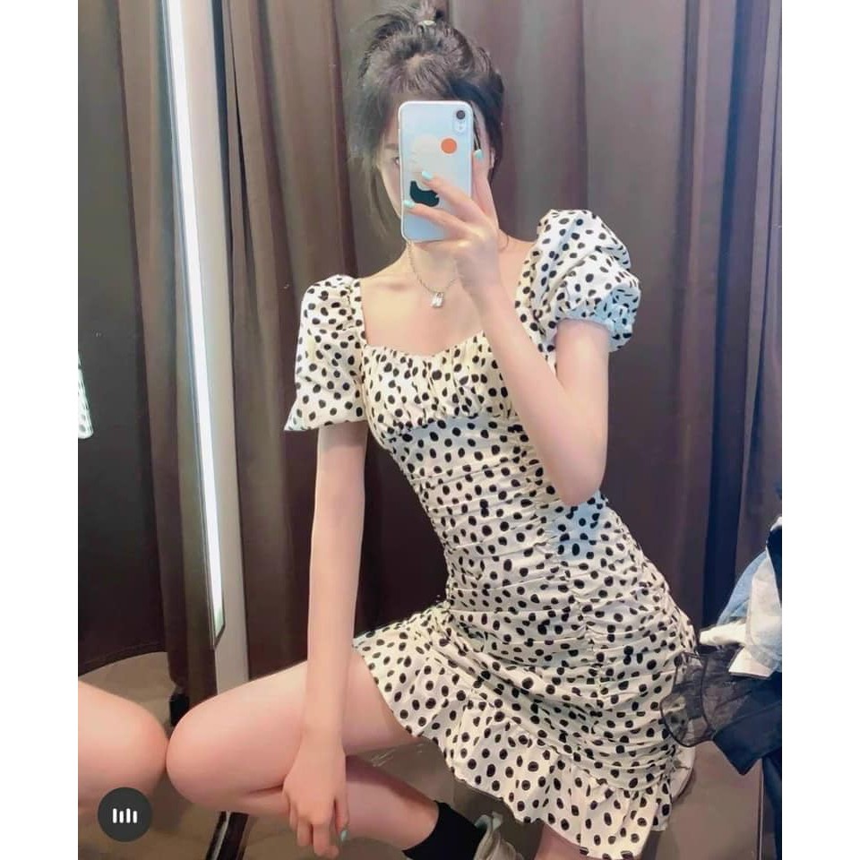Váy đầm nữ cúp ngực đốm trắng dúm bèo chất lụa mềm mịn co giãn chân váy cá