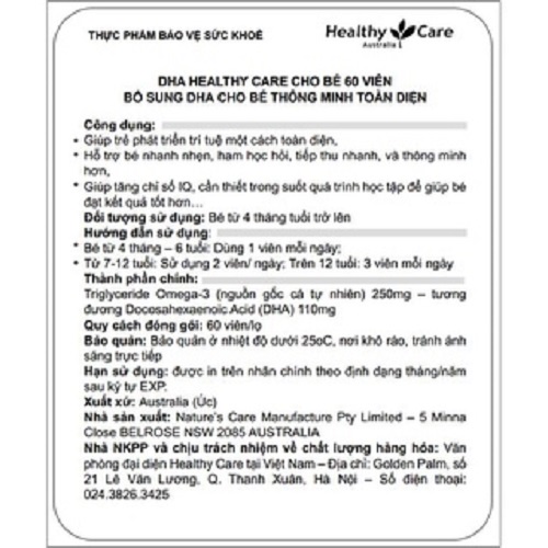 DHA Healthy Care High Strength Úc Vị Chanh Giúp Bé Phát Triển Thông Minh (60 viên)