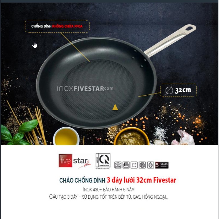 Chảo chống dính Fivestar-30-32cm-dùng bếp từ-Inox 430-3 đáy-Chảo rán,chiên,nướng cao cấp,chính hãng-BH 5 năm - 567568