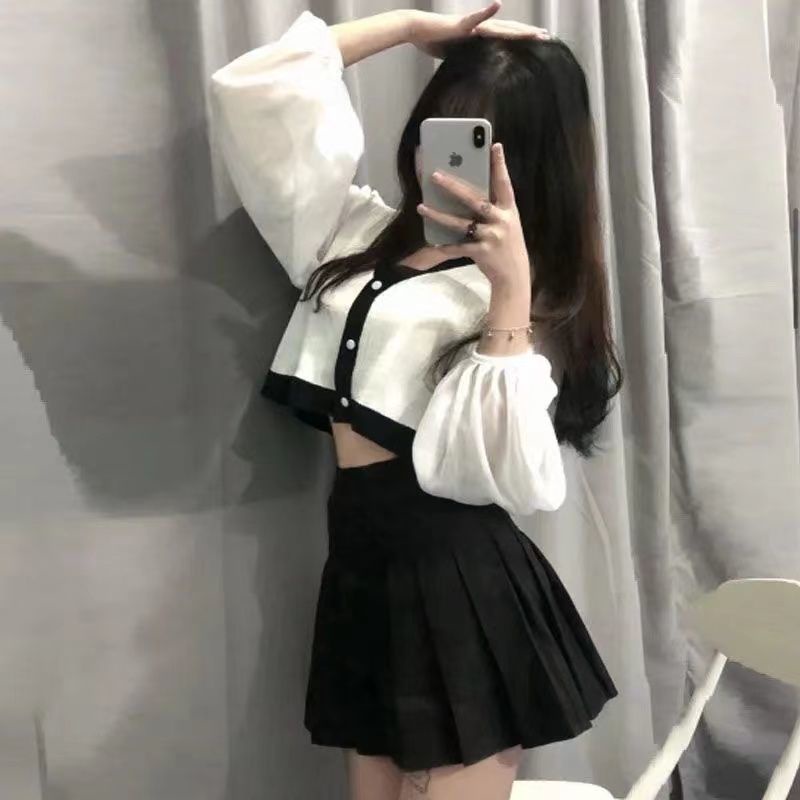 Set Áo Len Tay Dài Cổ Chữ V Và Chân Váy Xếp Ly Thời Trang Dành Cho Nữ