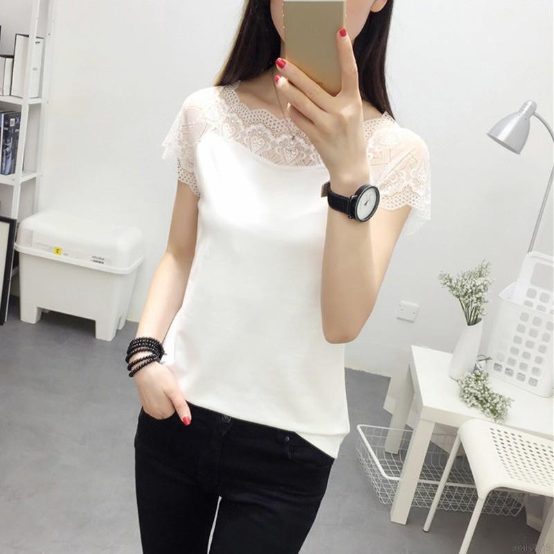 Áo Thun Tay Ngắn Phối Ren Hoa Thiết Kế Đơn Giản Hợp Thời Trang