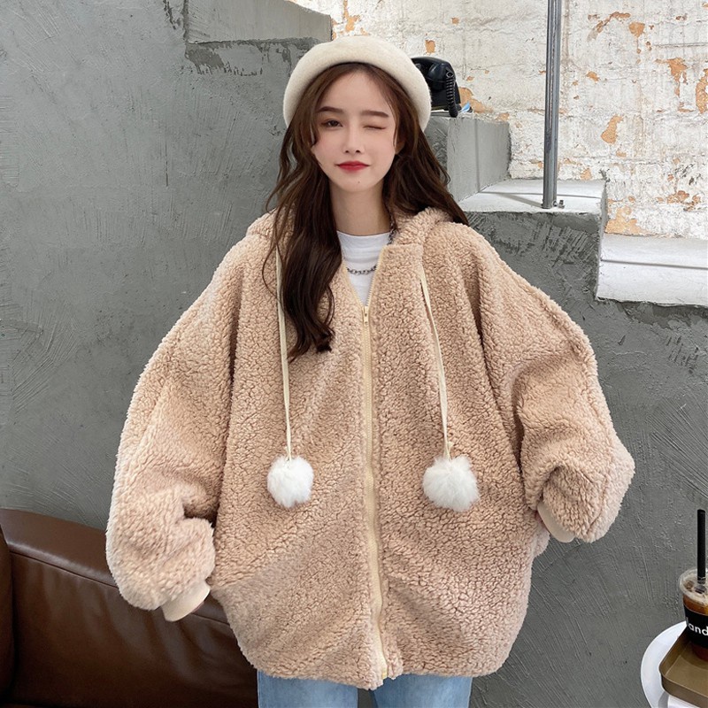 Áo Khoác Cardigan Vải Nhung Dày Dặn Có Nón Tai Thỏ Dễ Thương Phong Cách Hàn Quốc | BigBuy360 - bigbuy360.vn