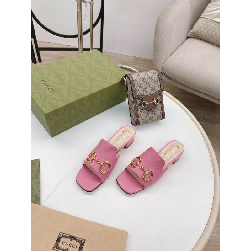 Guốc thời trang nữ da thật mũi vuông gót 2,5/5,5cm gắn quai xích G-C Gucci