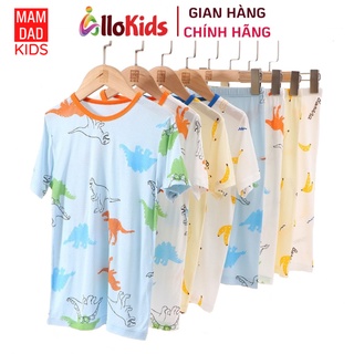 12-40kg Bộ cotton xước, sợi tre cộc tay quần lửng hè họa tiết khủng long cho bé trai hãng Mamdadkids