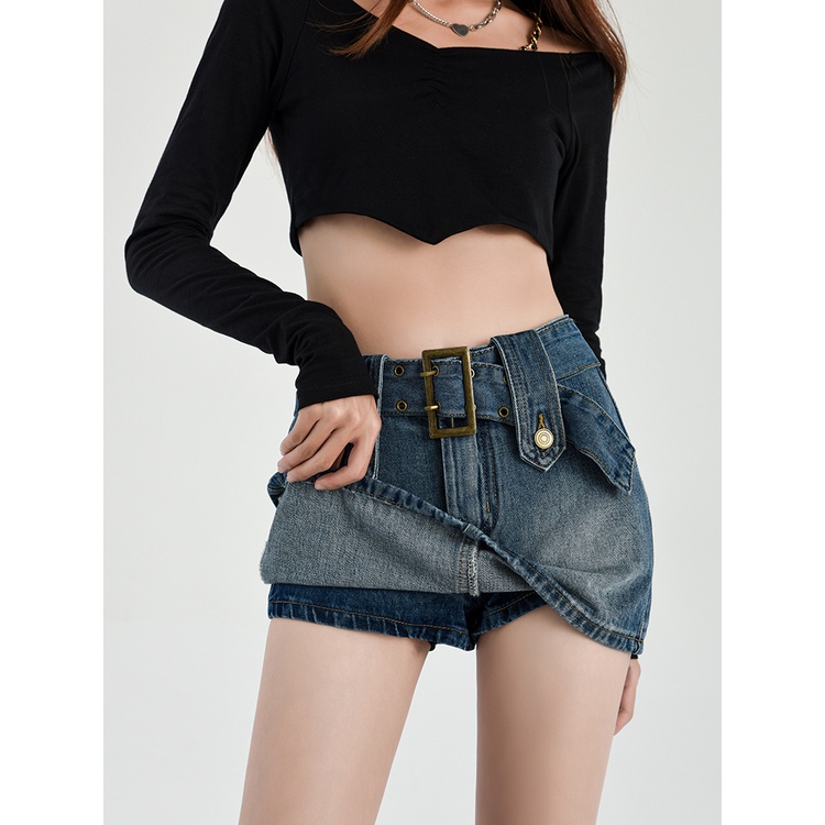 Chân váy jean QKOOLE dáng chữ A lưng cao phong cách Hàn Quốc cho nữ