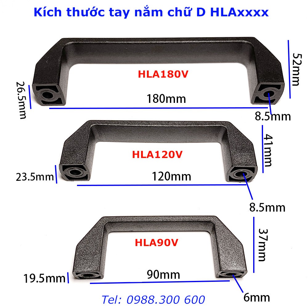 Tay nắm nhôm định hình, tay nằm chữ D nhôm chiều dài 90, 120 và 180mm model HLA90V, HLA120V và HLA180V