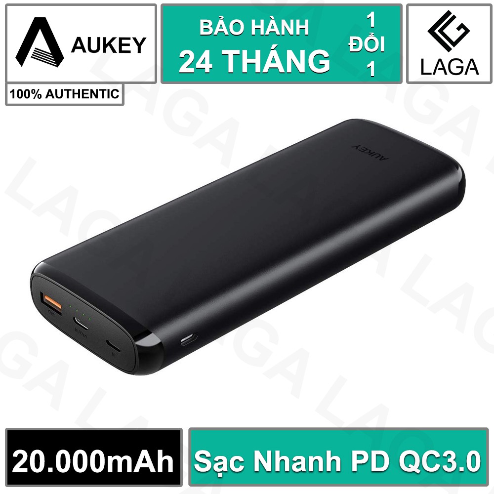 Pin Sạc Dự Phòng 20000mAh Aukey PB-Y23 1 Cổng QC 3.0, 1 Cổng Type C PD 18W, Hỗ Trợ Sạc Vào Bằng Cổng Lighting