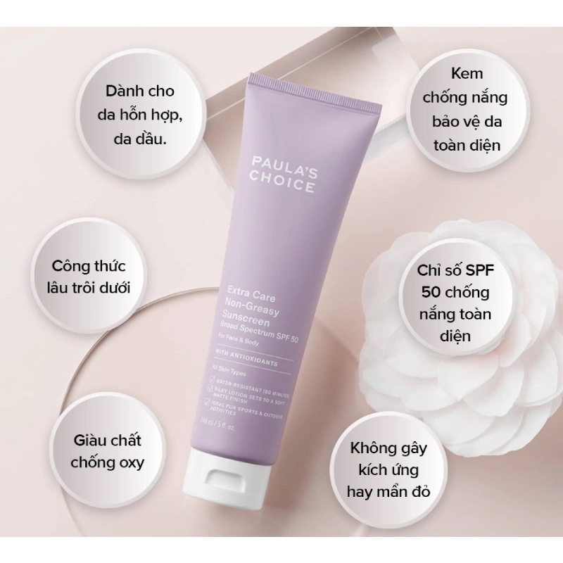 Kem chống nắng cơ thể chống thấm nước đến 8h - Paula’s Choice Extra Care Non Greasy Sunscreen SPF 50 148ml