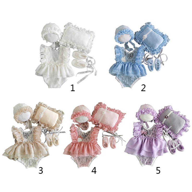 Set 5 món gồm đầm ren + nón + giày + quần short + gối dùng làm phụ kiện chụp ảnh cho bé sơ sinh