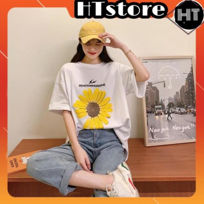 Áo thun tay lỡ HTSTORE Áo phông nữ form rộng cotton in hoa cúc vàng chữ peace
