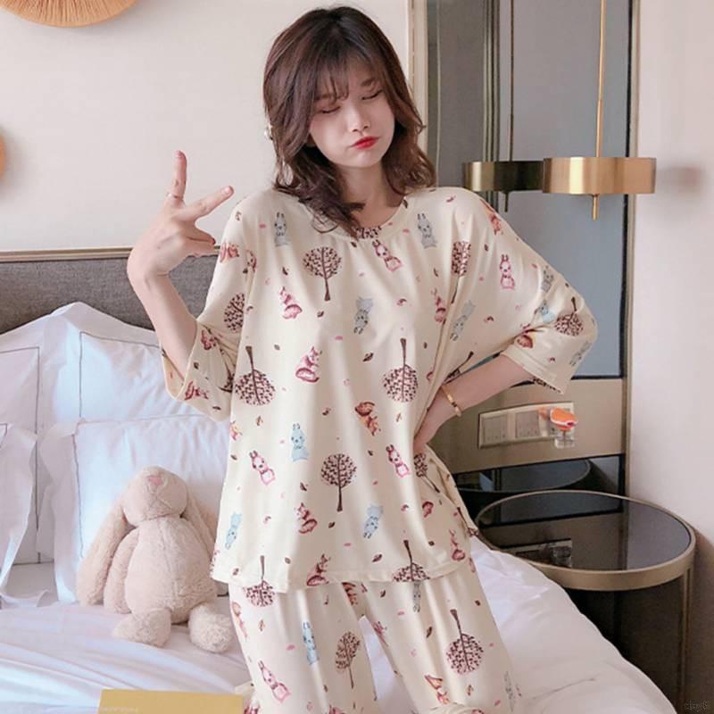 Bộ Pijama nữ tay lửng in hoa phong cách Hàn Quốc