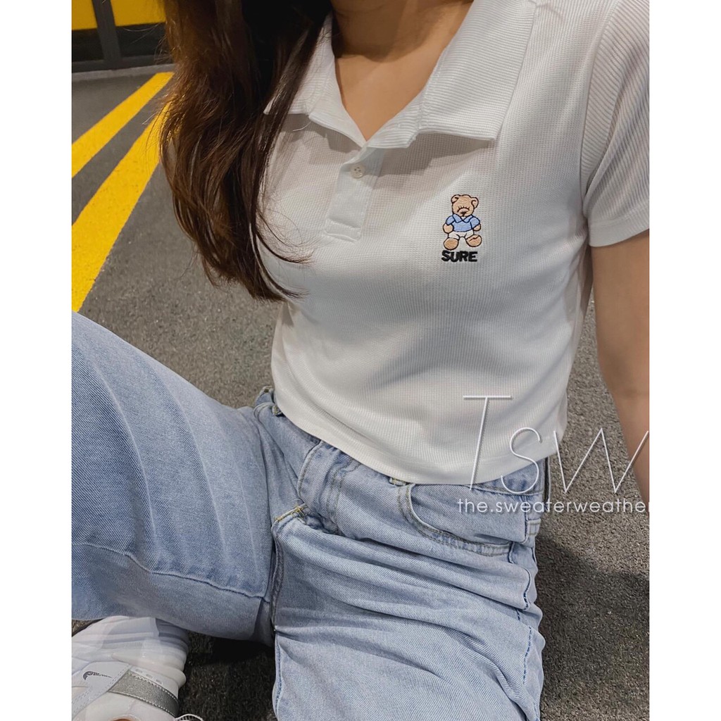 [RẺ VÔ ĐỊCH] Áo Croptop Polo - Áo Croptop Cổ Bẻ Nữ Thêu Gấu Ulzzang