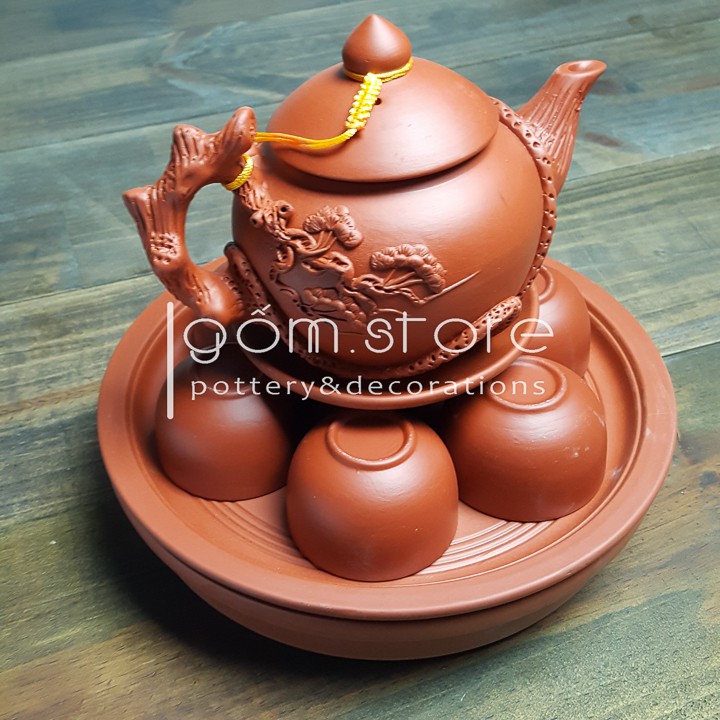 Ấm trà tử sa Bát Tràng đắp nổi có khay ấm chén tròn 2 tầng lỗ thủng chứa trà thừa