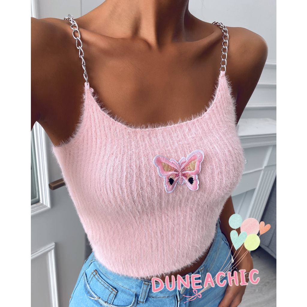 DUNEA Áo Hai Dây Vải Lông Cừu Thêu Hình Bướm Xinh Xắn Cho Nữ