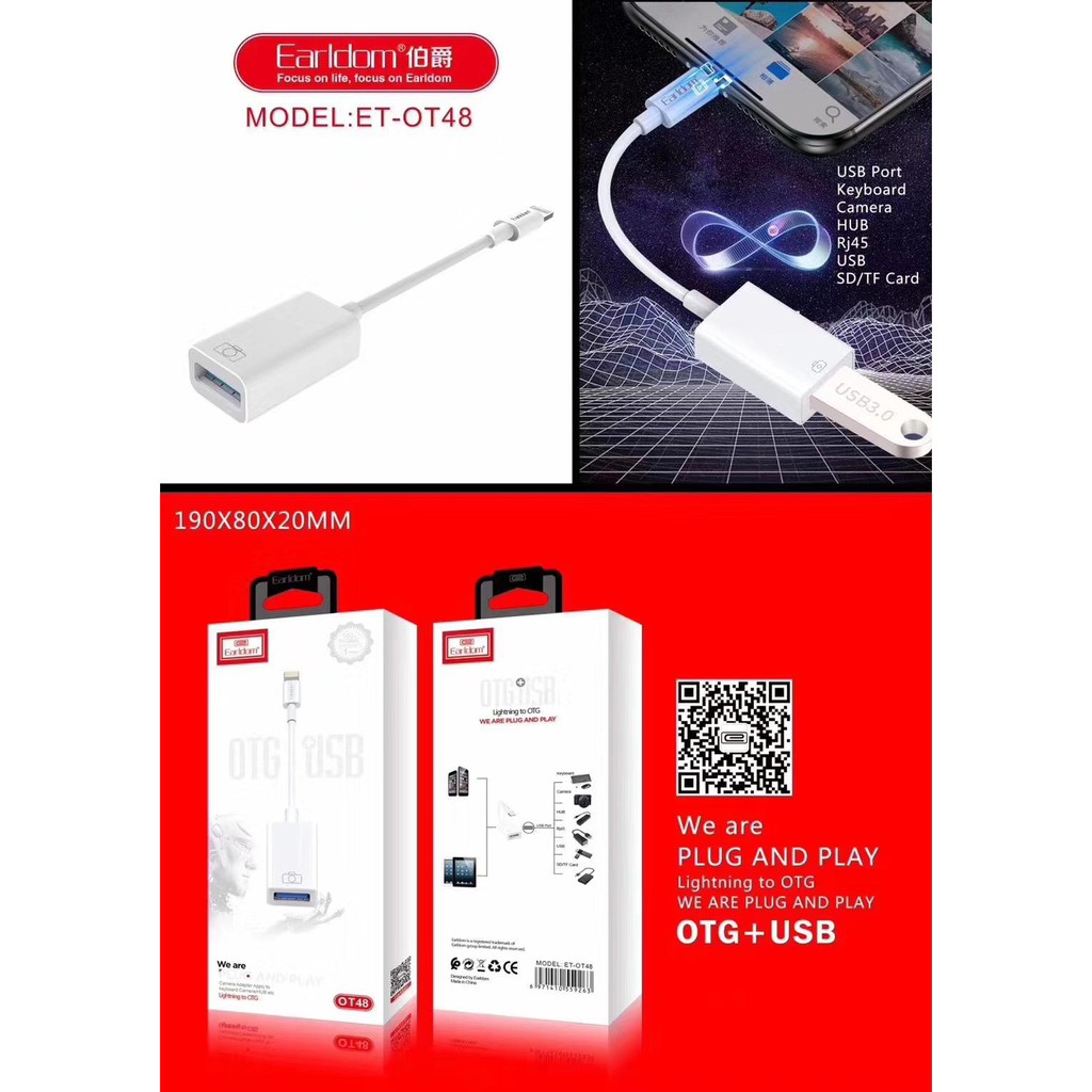 Cáp OTG Dành Cho iPhone, iPad Earldom OT43 OT44 OT48 - Hỗ Trợ Cắm Phím, Chuột, USB , Midi Controller  - Hàng Chính Hãng