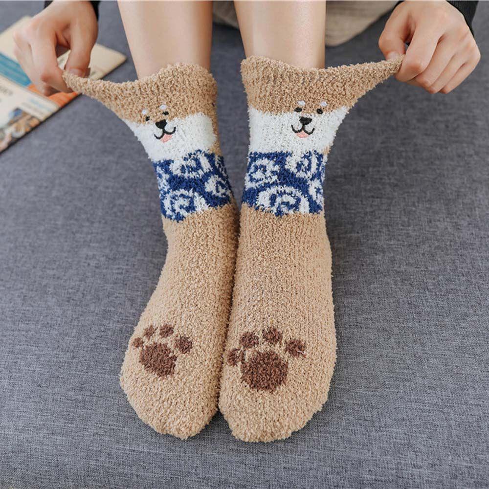 AROMA Vớ Lông Cừu San Hô Dày Dặn Ấm Áp Mềm Mại Họa Tiết Chú Chó Shiba Inu Dễ Thương