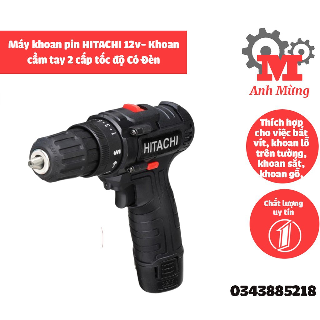 Máy khoan dùng pin cầm tay Hitachi 12V có trang bị đèn và 2 cấp tốc độ giúp bắn vít một cách chuyên nghiệp