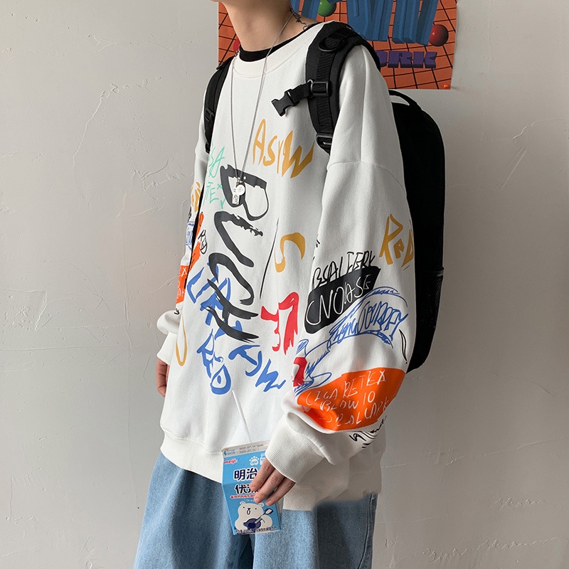 Áo thun IELGY cổ tròn tay dài size lớn vải mỏng họa tiết graffiti phong cách Nhật Bản thường ngày dành cho bạn nam