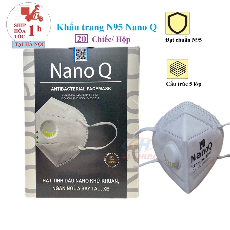Hộp 20 Chiếc Khẩu trang N95 Y tế NanoQ 5 lớp có màng lọc Nano an toàn, ngăn bụi mịn, ôm khít mặt có van thở