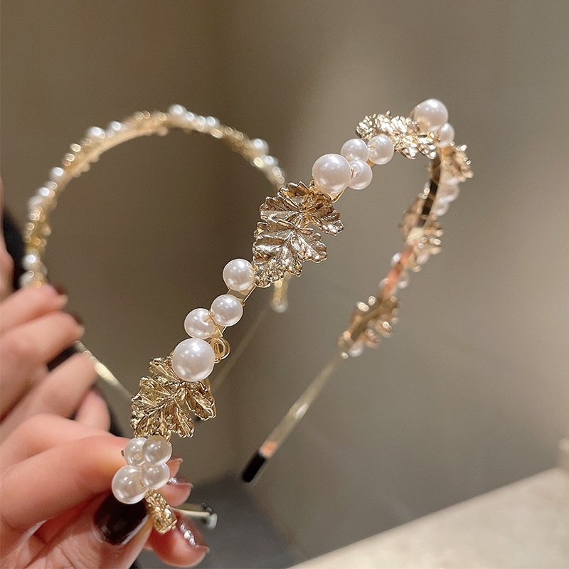 Băng Đô Họa Tiết Lá Cây Đính Ngọc Trai Phong Cách Hàn Quốc