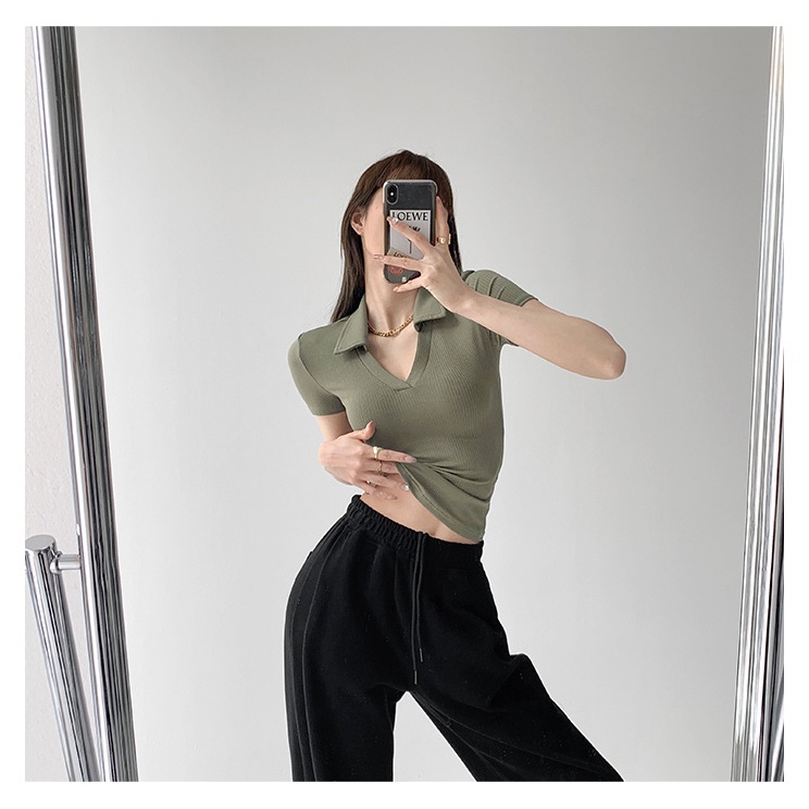 Áo thun MMIOT dệt kim tay ngắn cổ chữ V màu trơn dáng ôm thời trang mùa hè 2023 cho nữ