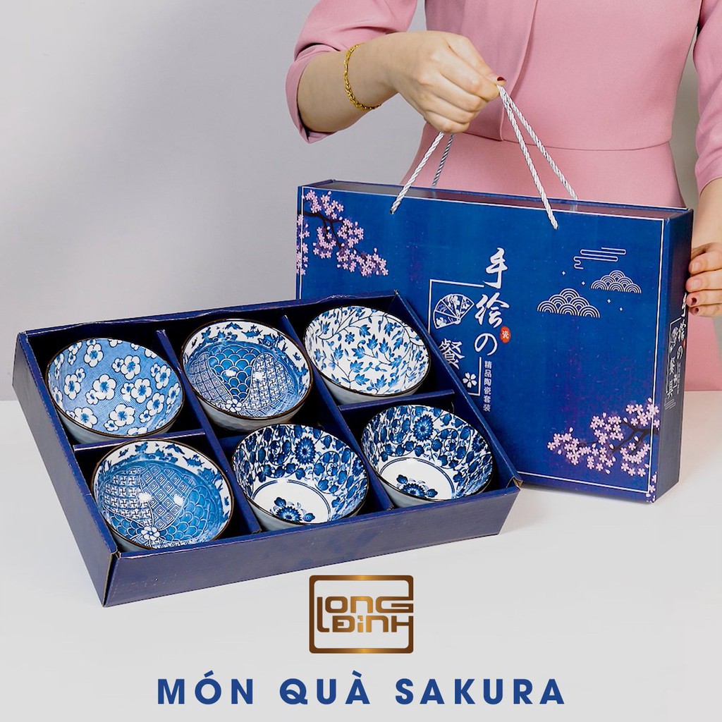 Bộ 6 bát cơm kèm 6 đôi đũa phong cách Nhật Bản Sakura, Bộ chén cơm gia đình kèm hộp đựng sang trọng Long Đỉnh