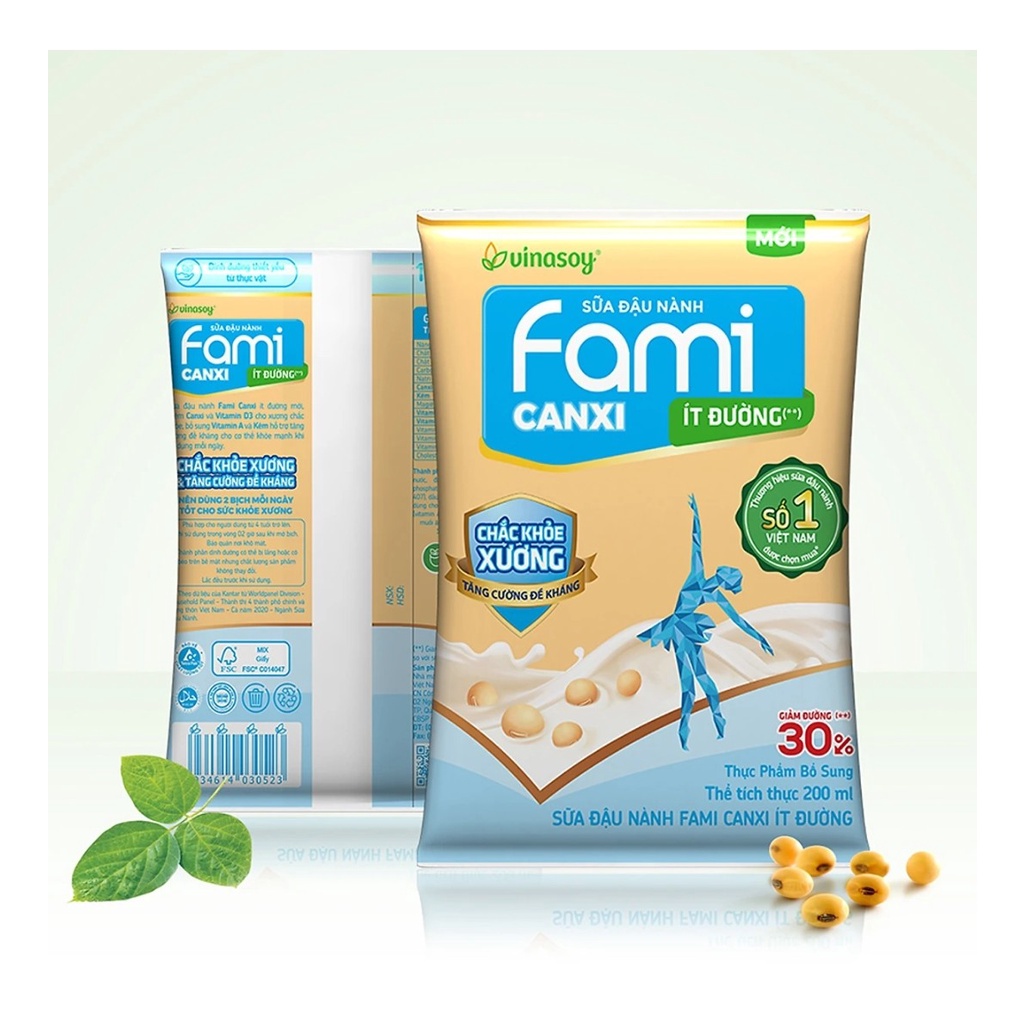 Sữa đậu nành ít đường Fami Canxi bịch 200ml