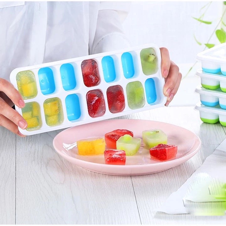 Khay làm nước đá bằng silicon 14 ô dễ dàng lấy đá có kèm nắp đậy tiện lợi