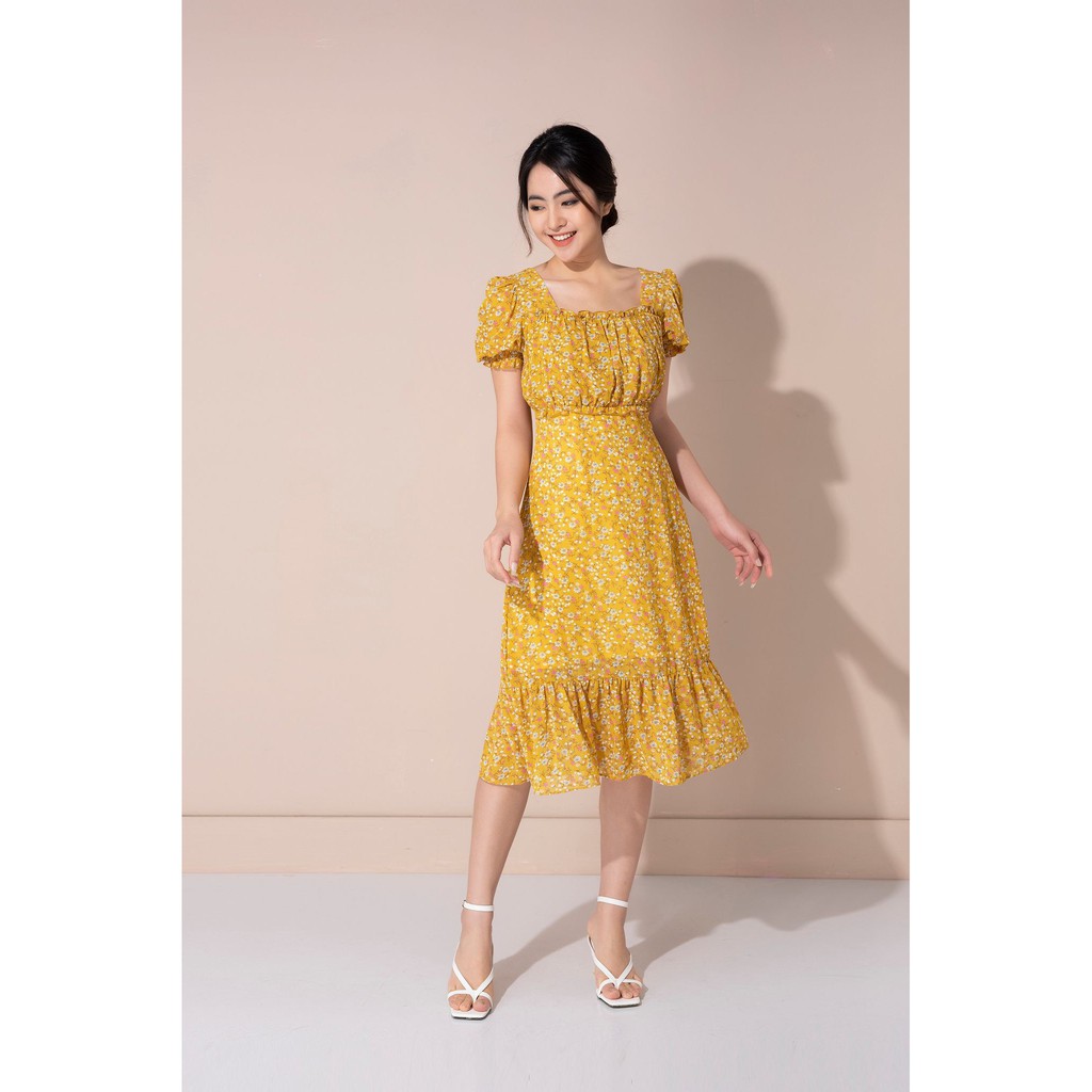 Đầm voan hoa tay bồng, dáng xòe  đuôi cá, thiết kế  cổ vuông nhún eo nhẹ nhàng TKFASHION DK833