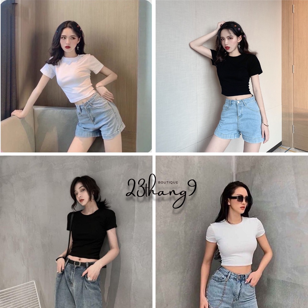 Áo Croptop Nữ Cổ Tròn Áo Ôm Body Tay Ngắn Chất Vải Dày Dặn Croptop Trơn Dáng Basic Đen Trắng Cá Tính Sexy 23Thang9