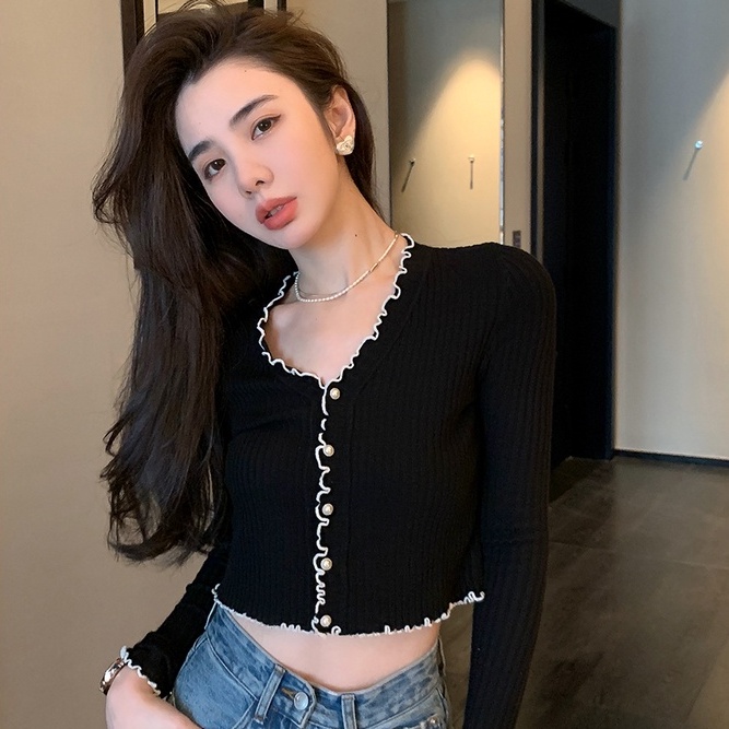 Áo kiểu ZHELIHANGFEI vải dệt kim tay dài cổ chữ V lưng cao kiểu dáng quyến rũ