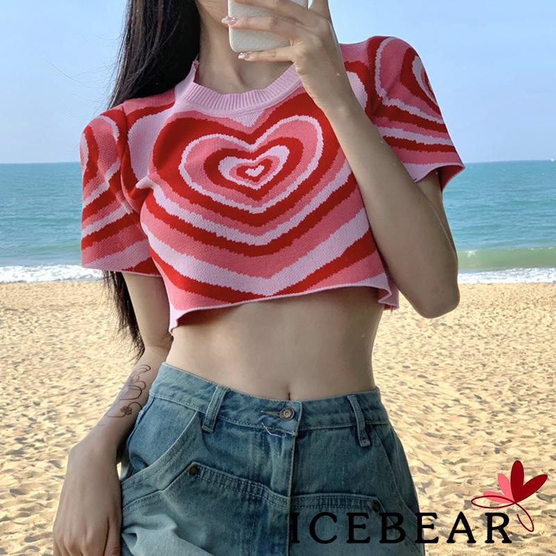 Áo Thun Crop Top Tay Ngắn Cổ Tròn In Hình Trái Tim Thời Trang Đường Phố Cho Nữ